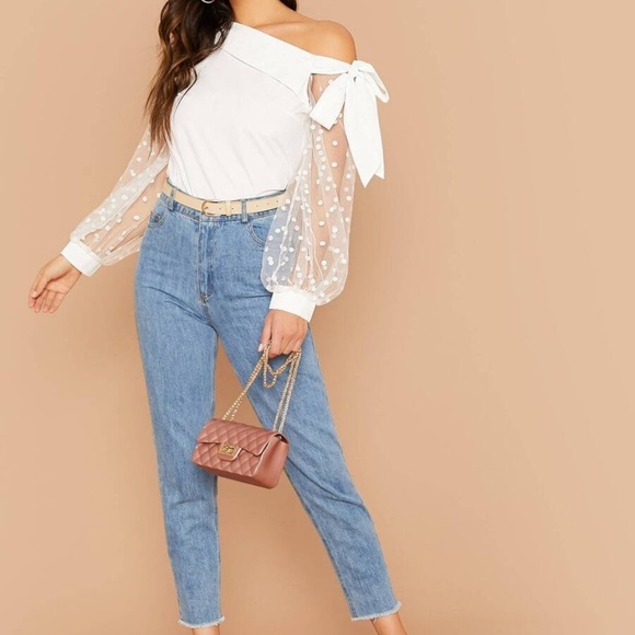 one shoulder bow polka dot sheer sleeve top White - Picture 6 of 14